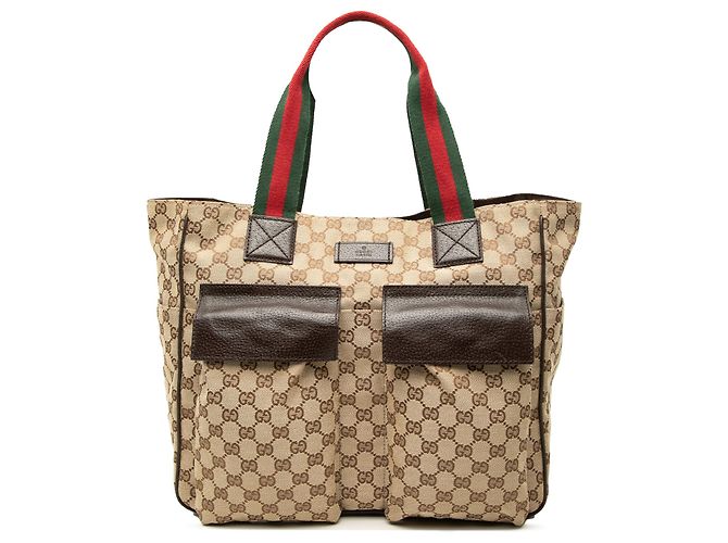 Saco Tote Gucci em lona GG bege com Web e bolsos duplos