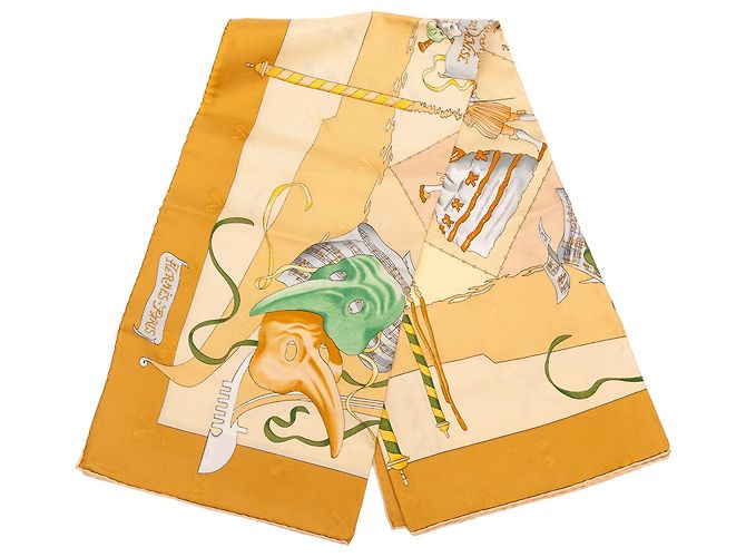 Lenço de seda Hermès Brown Le Carnaval de Venise 90 Marrom Castanho claro