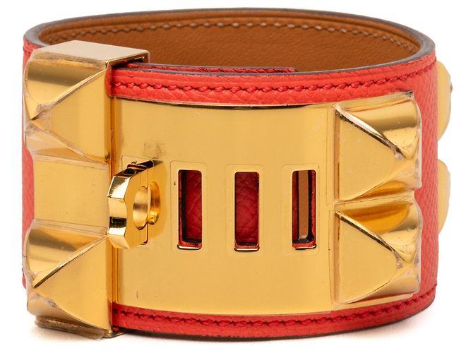 Bracciale Collier de Chien Hermès in Epsom rosso e placcato oro