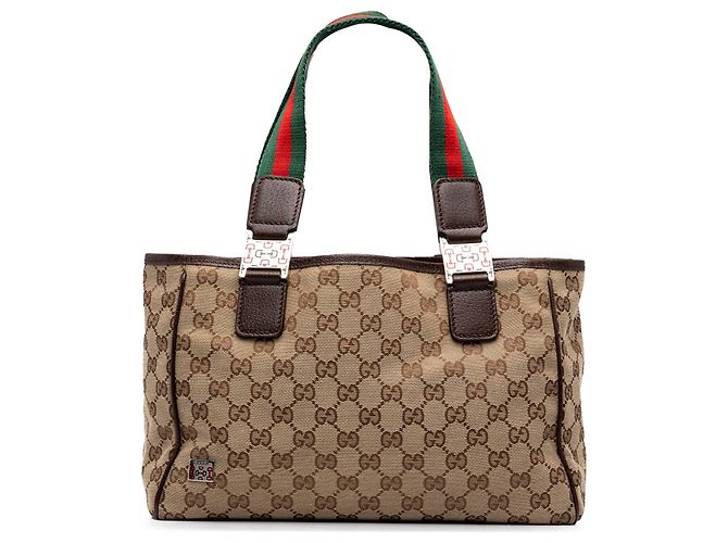 Tote Gucci em lona GG bege com Horsebit e faixa Web