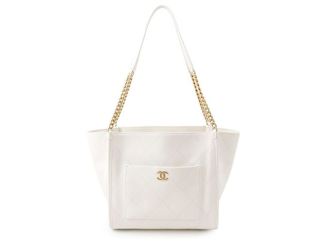 Saco Tote com corrente Chanel em couro de bezerro grão branco