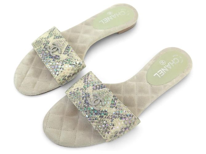 CHANEL G29732 SANDALEN MULES CC LOGO 40.5 PYTHON-OPTIK SCHUHE Grün