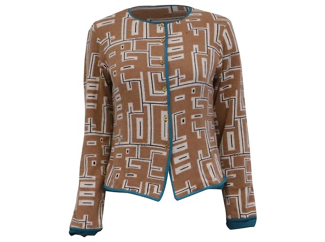 Fendi Jeans FF Logo Knopf-Cardigan aus brauner Wolle Rot