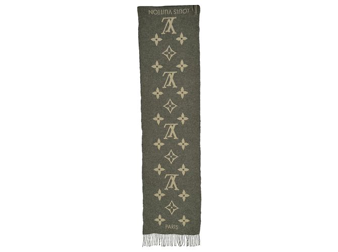 Sciarpa con frange Monogram Louis Vuitton in cashmere grigio