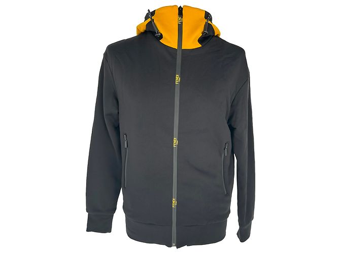 Fendi Kapuzenpullover mit Reißverschluss und Stehkragen aus schwarzer Baumwolle