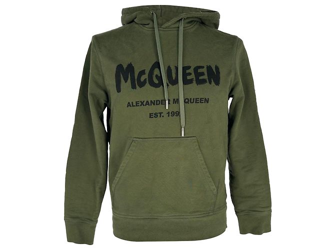 Alexander Mcqueen Hoodie mit Graffiti-Logo-Print aus olivefarbener Baumwolle Grün Olivgrün
