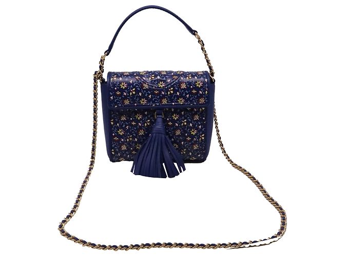 Borsa a tracolla Tory Burch Fleming Printed Box in pelle blu