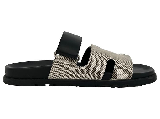Sandali Hermès Chypre in tela e pelle bianco e nero