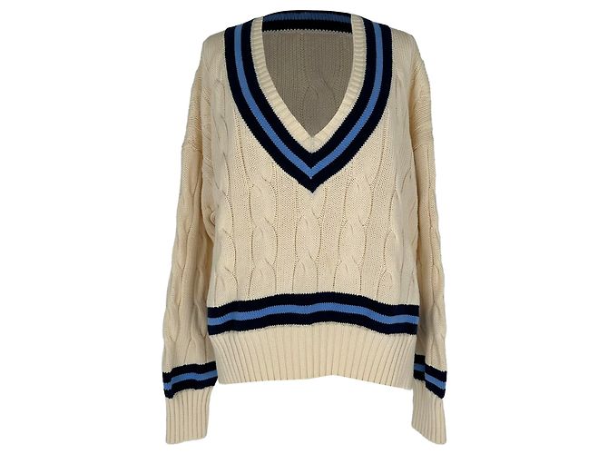 Polo Ralph Lauren Cricket-Pullover mit Zopfstrick aus cremefarbener Baumwolle Weiß Roh