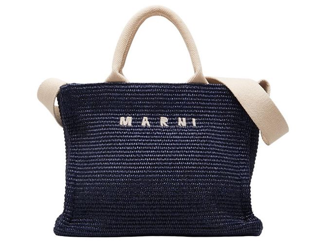 Petit sac à main Marni effet raphia Écru Bleu Marine