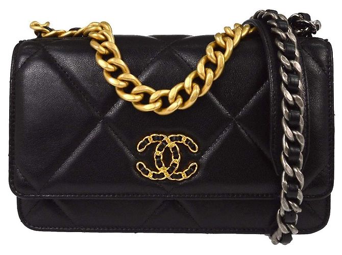 Bolsa de aba Chanel 19 em pele de cordeiro acolchoada Preto
