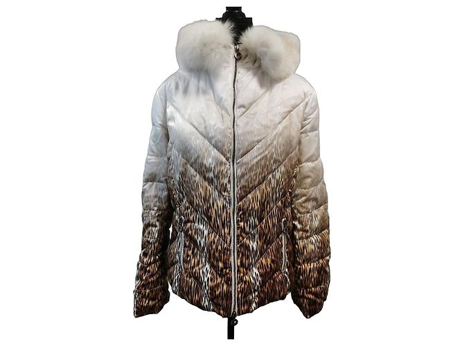 Autre Marque Angelo Marani Leopard Print Down Jacket with Fox Fur Trim Brown White