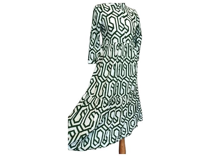 Alain Manoukian Manoukian Folk Maxikleid aus Baumwolle mit Geometrischem Print Weiß Grün