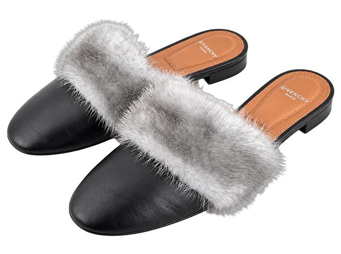 Givenchy Black Leather and Grey Faux Fur Flat Mules