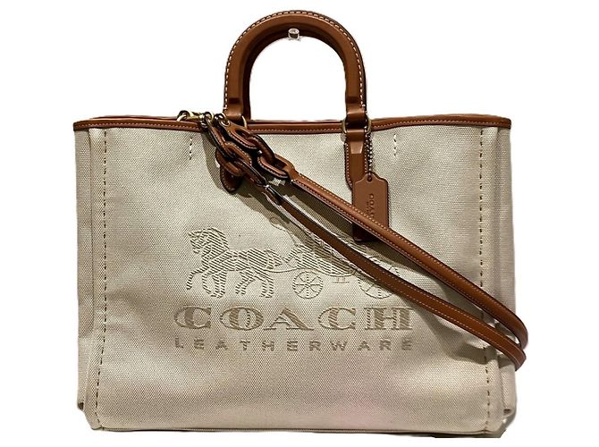 Saco tote Coach bege de couro e lona