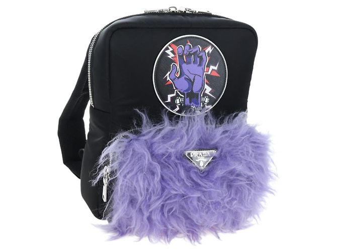 Mochila PRADA Frankenstein Nylon Preto Roxo Auth 203108M