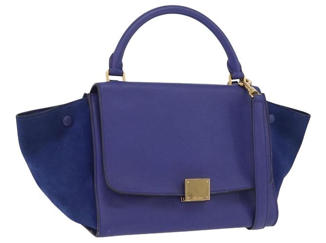 Céline Sac à main CELINE Trapeze en cuir suédé 2way Bleu Or Auth 203775A Doré