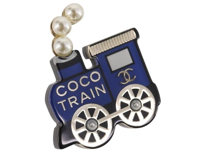 Broche CHANEL Coco Train Métal Bleu Doré CC Auth 205865M