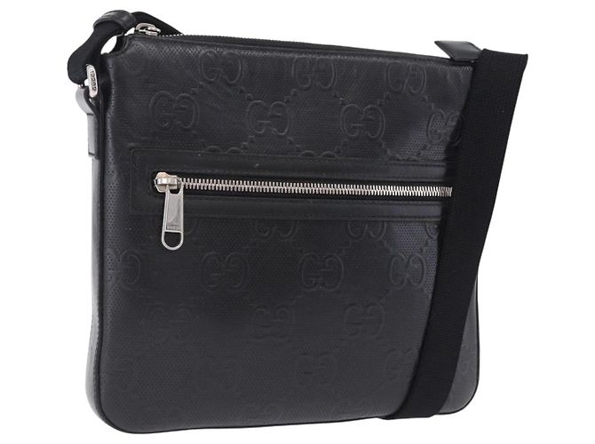 Borsa a tracolla GUCCI GG Emboss in pelle nera e argento 406410 Auth 200726 Nero