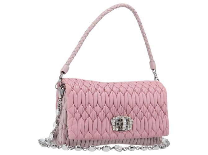 Bolsa de Ombro com Corrente Miu Miu em Couro 2way Rosa Prata Auth BA15638A