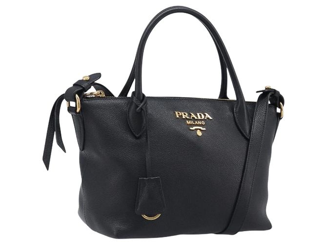 Sac à main PRADA en cuir 2 voies Noir Ton Or Auth 204580M