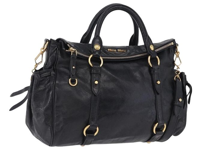 Bolsa de Mão Miu Miu em Couro 2way Preta Dourada Auth 203798V Preto Dourado