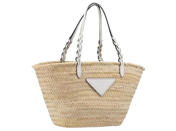 Saco Tote PRADA em palmeira tecida Raffia Beige Auth 203649M Bege