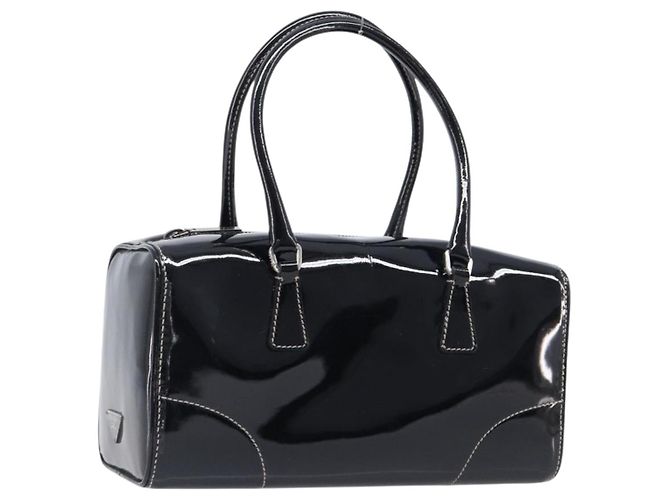 Bolso de mano PRADA Cuero charol Black Silver Auth 204066A Negro Plata