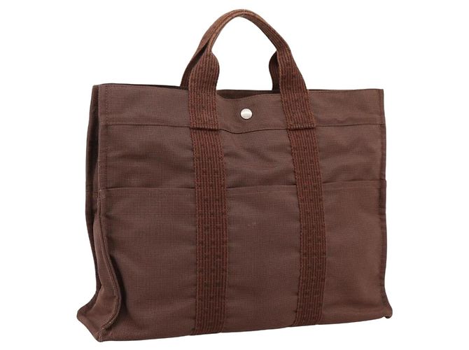 Hermès Sac à main HERMES Her Line MM Canvas Brown Silver Auth 205885A Marron Argenté