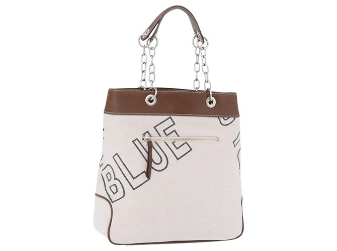 BURBERRY Blue Label Chain Tote Bag Canvas Weiß Silber Auth 204369