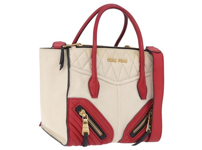 Miu Miu Biker Matelasse Hand Bag Leather 2way Ivory Red Auth 201287 Cream