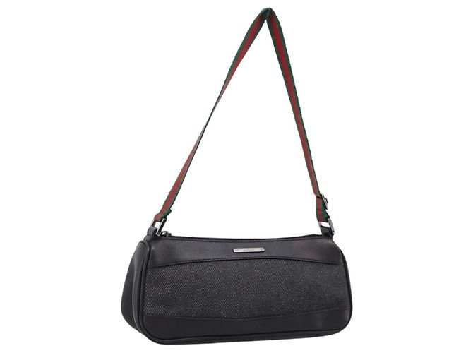GUCCI Web Sherry Line Accessory Pouch Canvas Black Silver 92820 Auth 204414 Silvery