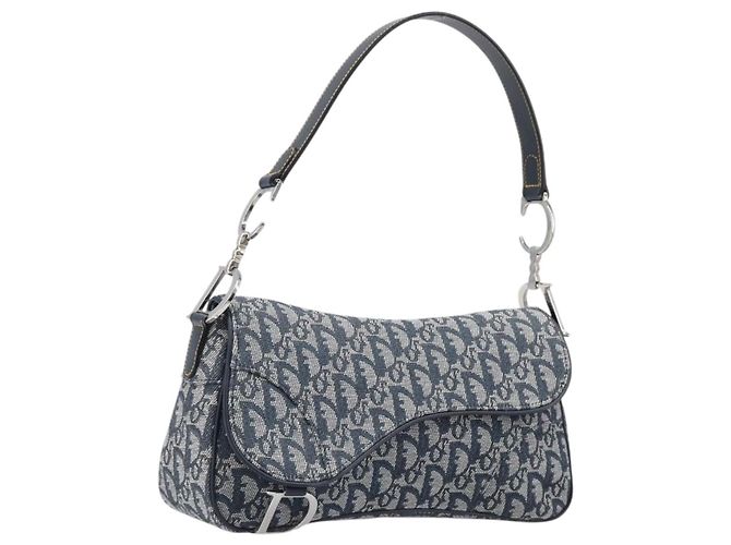 Bolsa de Ombro Saddle Christian Dior Trotter Canvas Navy Silver Auth 204592V Prata Azul marinho