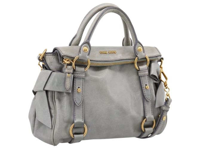 Miu Miu Handtasche Leder 2way Grau Goldfarben Auth 167606M Braun