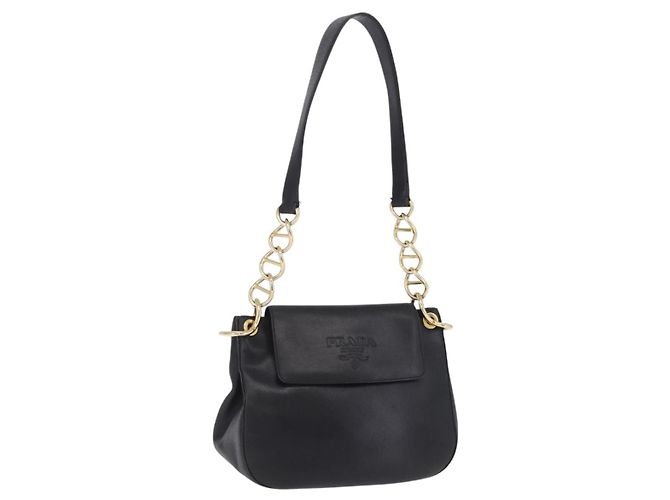 Bolsa de Ombro com Corrente PRADA em Couro Preto e Ouro Auth am12576V Dourado