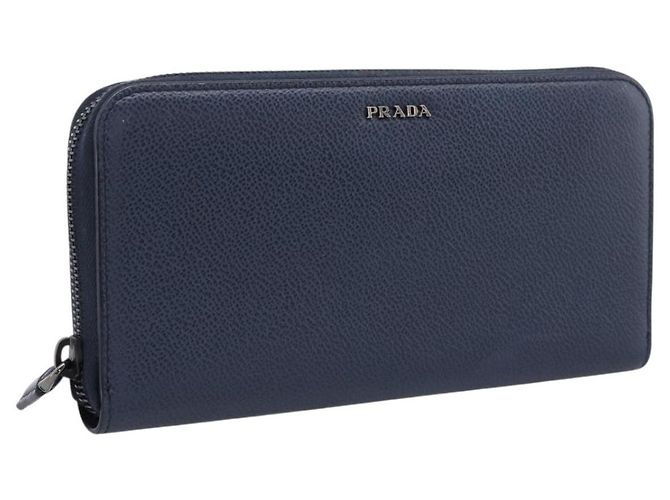 PRADA Long Wallet Leather Navy Silver Auth 205101V Silvery Navy blue