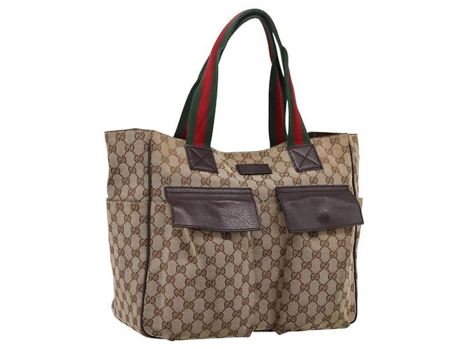 Borsa Tote GUCCI GG Canvas Web Sherry Line Beige Silver 161836 Auth 201390A Argento