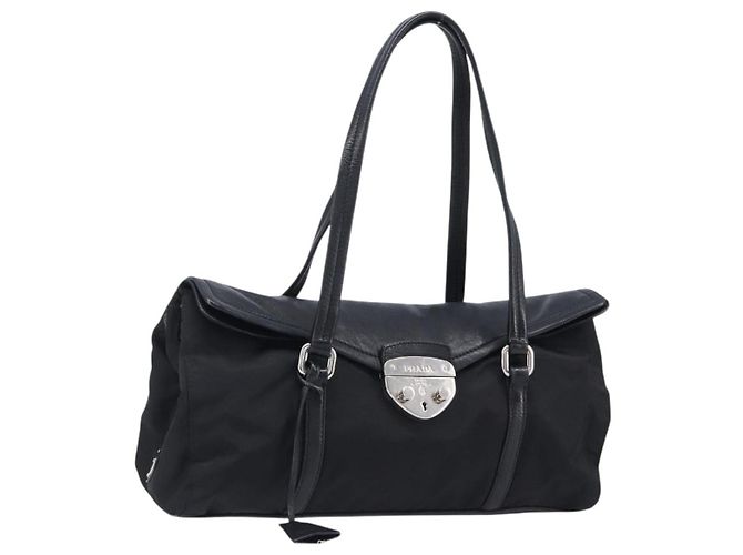 Bolsa de Mão PRADA Nylon Couro Preto Prata Auth 204382A