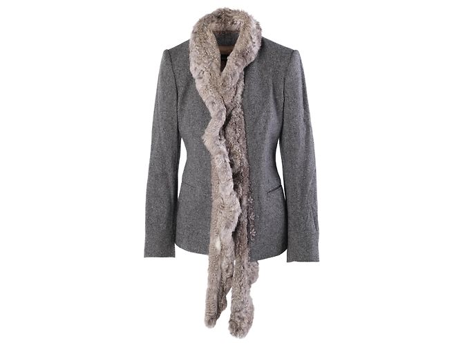 Autre Marque Blazer ajustado Weber em lã virgem e cashmere cinza com acabamento em pele de coelho