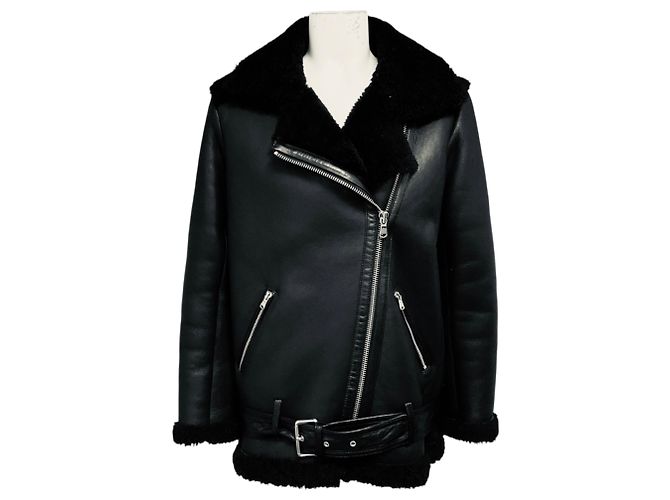 Maje Black Gombery Shearling Lined Leather Moto Jacket