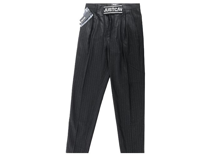 Just Cavalli Stripped Wool Trousers in Black, Size 46 IT