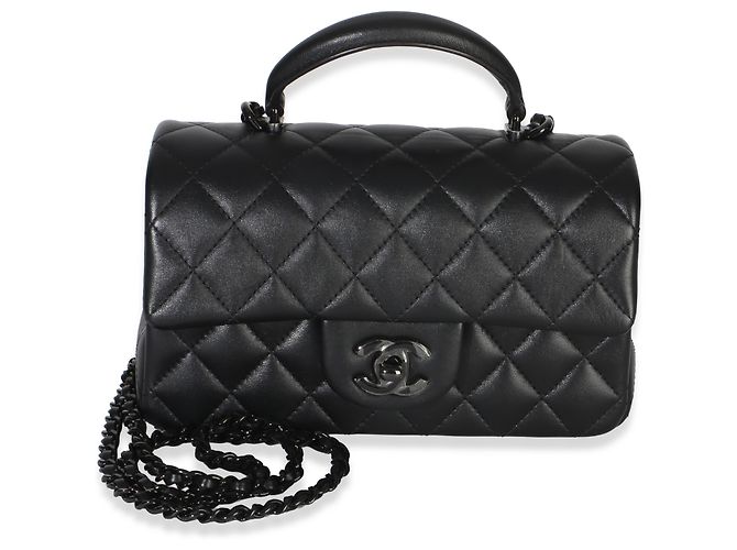 Gabrielle Bolsa Retangular Flap Mini Top Handle em pele de cordeiro acolchoada Chanel So Black Preto