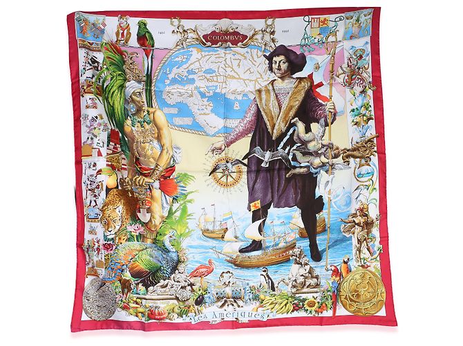 Hermès Red Multicolor Les Ameriques Silk Scarf 90