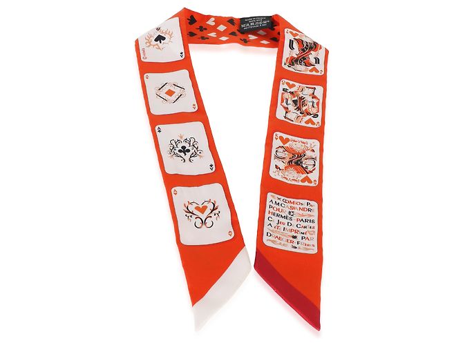 Hermès Orange Vermillion Jeu de Cartes Silk Twilly