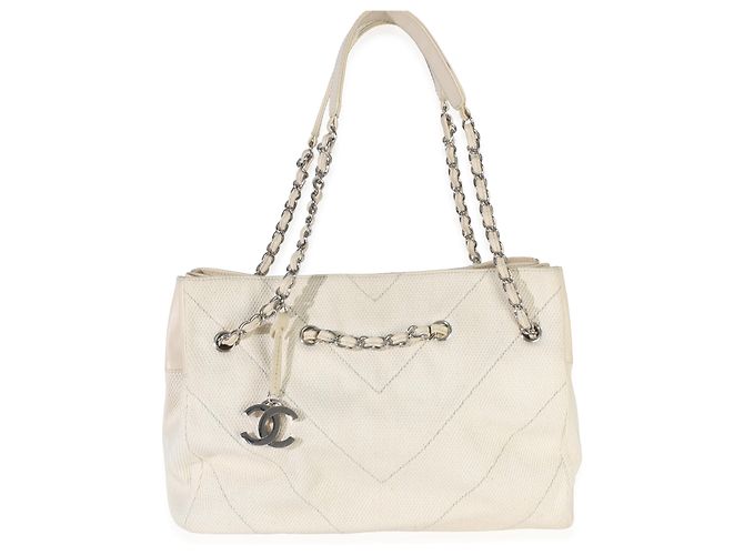 Gabrielle Borsa Tote Chanel Beige Ecru Chevron Canvas CC