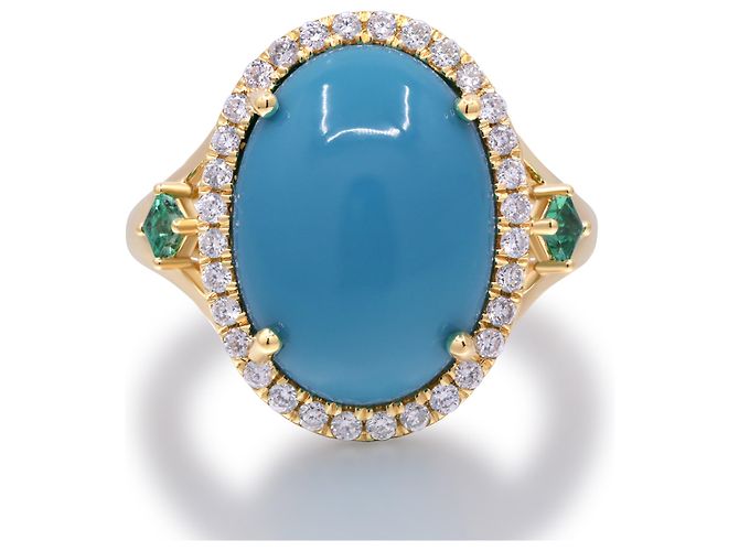 Autre Marque Anel de ouro amarelo, turquesa e diamantes