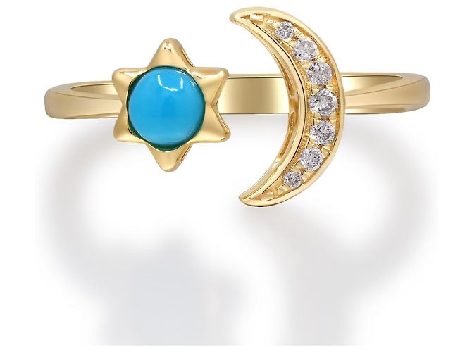 Autre Marque Anel crescente lunar em ouro amarelo, turquesa e diamantes