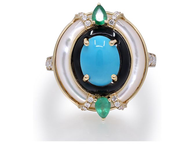Autre Marque Anillo cocktail de oro amarillo, turquesa y diamantes
