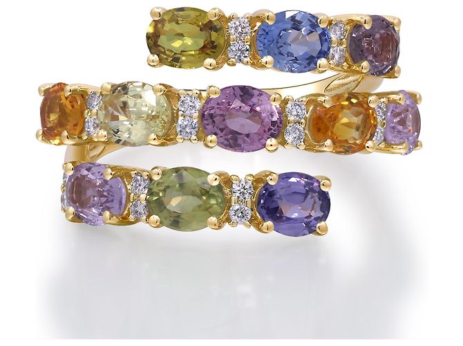 Autre Marque Anello Bypass arcobaleno in oro giallo, zaffiri e diamanti