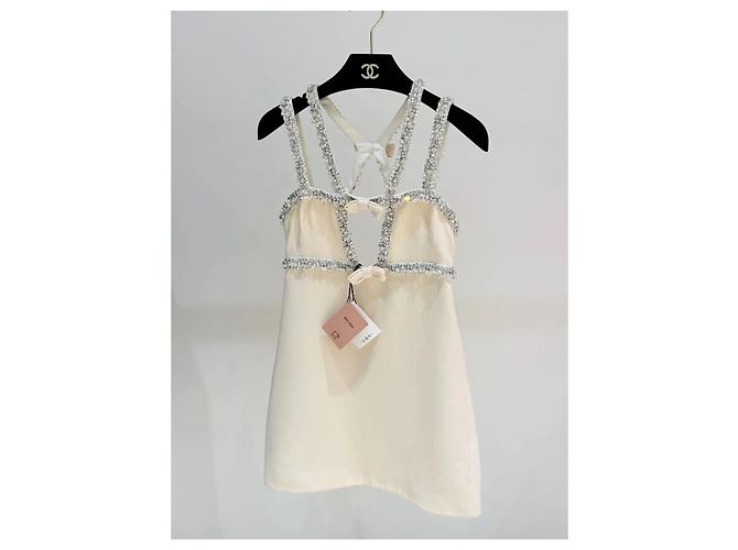 Abito Miu Miu in seta beige con perline e fiocco Multicolore